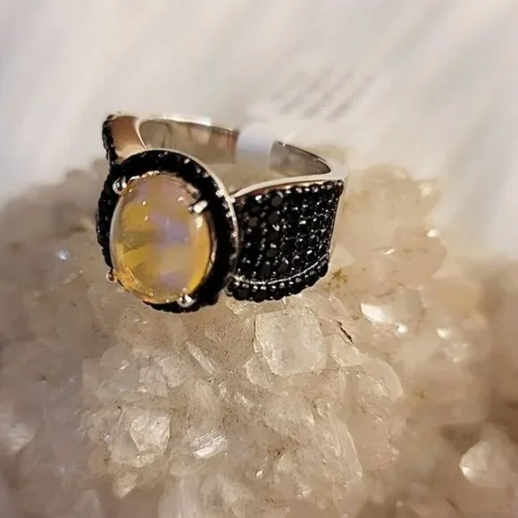 Ethiopian Opal ✦ Black Spinel Ring ✦ 925 Rhodium Oval Fire Gemstone Sz 5 NWT - Picture 6 of 6
